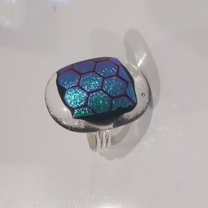 Stunning hand crafted purple blue dichroic glass adjustable silver plated ring